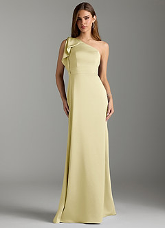 Azazie Rinna Bridesmaid Dresses Lemon Sorbet Mermaid Ruched Stretch Satin Dress image1