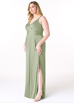 Azazie Aqua Robes de demoiselle d'honneur Robe Trapèze en Satin extensible Col V plissé Vert Sauge image10