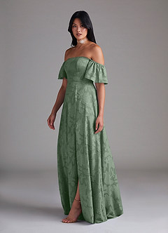 Azazie Sue Robes de demoiselle d'honneur Robe Trapèze Convertible en Blumen-Burnout Épaule décolletée Matcha image4