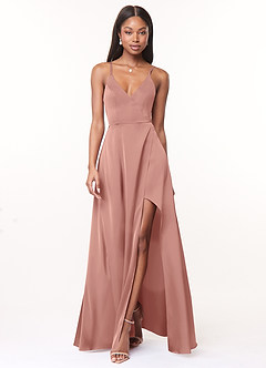 Azazie Maksim Brautjungfernkleider A-Linie V-Hals Stretch-Satin Kleid Rosettenrosa image1