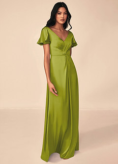 Azazie Soren Bridesmaid Dresses Lemongrass A-Line Pleated Stretch Satin Dress image4