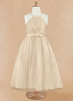 Azazie Honey Flower Girl Dresses Champagne A-Line Beaded Matte Satin Dress image7