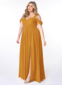 Azazie Lianne Bridesmaid Dresses Butterscotch A-Line Off the Shoulder Chiffon Dress image9