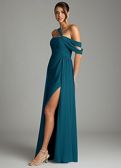 Azazie Kassandra Vestidos de madrinha de casamento Vestido Tinta Azul de Chiffon de Linha A com Fora do ombro image4