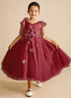 Azazie Minia Flower Girl Dresses Pomegranate A-Line Bow Matte Satin Dress image1