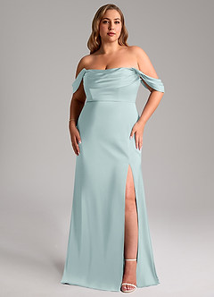 Azazie Saige Bridesmaid Dresses Mist Sheath Off the Shoulder Stretch Satin Dress image11