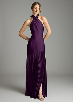 Azazie Nayeli Final Sale Grape A-Line Pleated Stretch Satin Dress image3