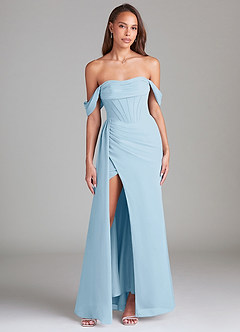 Azazie Amyra Bridesmaid Dresses Sky Blue Sheath Off the Shoulder Chiffon Convertible Dress image1