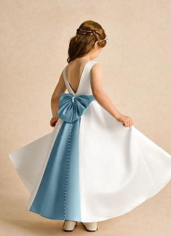 Azazie Cherry Flower Girl Dresses Ivory Moody Blue Ball-Gown Pleated Matte Satin Dress image4