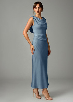 Azazie Kieryn Robes de demoiselle d'honneur Robe Sirène en Satin extensible Plissée Bleu Poussiéreux image4