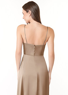 Azazie Halsey Bridesmaid Dresses Taupe Sheath Side Slit Stretch Satin Dress image3