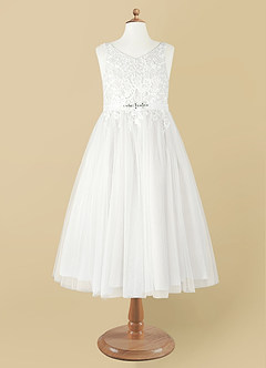 Azazie Minka Flower Girl Dresses Diamond White A-Line Lace Tulle Dress image9