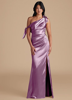Azazie Xyla Bridesmaid Dresses Wisteria Sheath Off the Shoulder Metallic Satin Convertible Dress image1
