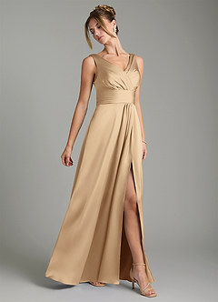 Azazie Karina Robes de demoiselle d'honneur Robe Trapèze en Satin extensible Plissée Champagne image4