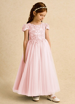 Azazie Puff Flower Girl Dresses Blushing Pink Ball-Gown Lace Tulle Dress image4
