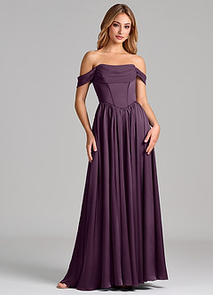 Azazie Raisa Bridesmaid Dresses Plum A-Line Off the Shoulder Stretch Satin Dress image4