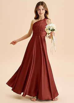 Azazie Charlize Junior Abito A-Line in Raso Elasticizzato Plissettato Terracotta image4