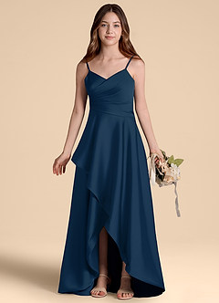 Azazie Prisha Junior Dark Navy A-Line Pleated Stretch Satin Dress image7