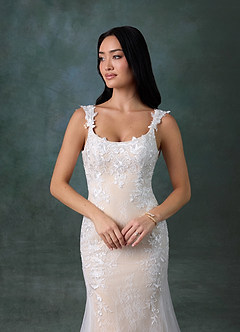 Azazie Veronica At-home Try On Dresses Diamond White Champagne Mermaid Tulle Dress image7