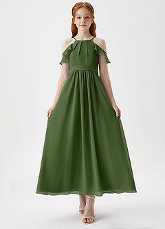 Azazie Chaya Junior Olive A-Line Off the Shoulder Chiffon Dress image4