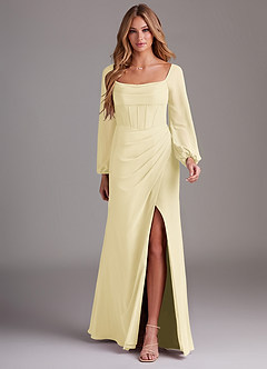 Azazie Charissa Bridesmaid Dresses Lemon Sorbet Sheath Long Sleeve Chiffon Dress image3