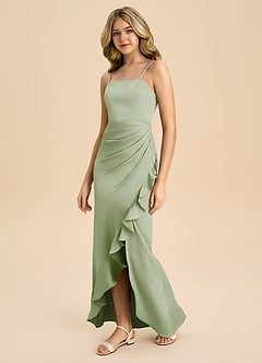Azazie Buzzy Junior Dusty Sage Sheath Pleated Stretch Satin Dress image7