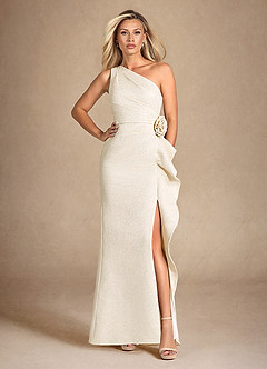 Azazie Patrisha Mother of the Bride Dresses Light Gold Jacquard Mermaid One Shoulder Metallic Jacquard Dress image1