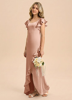 Azazie Demi Junior Vestido de Oro Rosa de Satén Elástico de Corte Sirena con Lazo image4