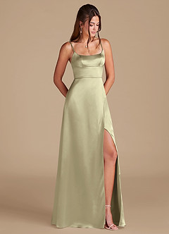 Azazie Halsey Bridesmaid Dresses Moss Green A-Line Side Slit Metallic Satin Dress image1