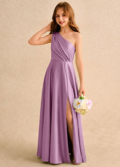 Azazie Puddles Girls Formal Robe Demoiselle D'honneur Fillette Robe Trapèze en Satin extensible Une épaule Glycine image3