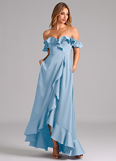 Azazie Lyra Brudtärnklänningar Klänning av A-Linje i Stretch Satin Off the shoulder Puderblå Konvertibel image3