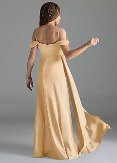 Azazie Amyra Junior Gold Sheath Off the Shoulder Stretch Satin Dress image2