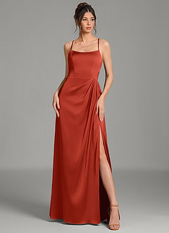 Azazie Frankie Bridesmaid Dresses Rust A-Line Pleated Stretch Satin Dress image1