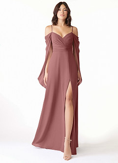Azazie Cienna Bridesmaid Dresses Desert Rose A-Line Long Sleeve Chiffon Dress image1