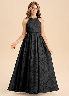 Azazie Arianthe Junior Abito A-Line in Burnout Floreale Plissettato Nero image3