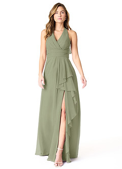 Azazie Aviv Robes de demoiselle d'honneur Robe Trapèze en Mousseline de soie Plissée Pistache image1