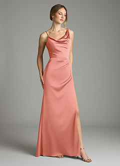 Azazie Samara Robes de demoiselle d'honneur Robe Sirène en Satin extensible Plissée Corail image4