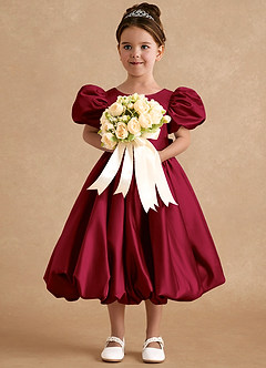 Azazie Jellybean Flower Girl Dresses Burgundy Ball-Gown Ruched Matte Satin Dress image3