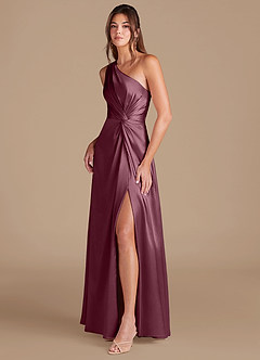 Azazie Brooke Bridesmaid Dresses Cabernet A-Line One Shoulder Metallic Satin Dress image4