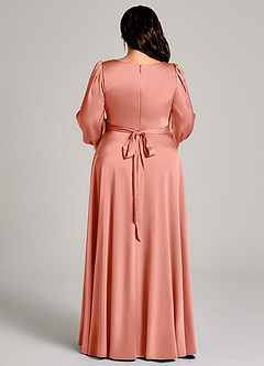 Azazie Leonia Bridesmaid Dresses Coral A-Line Long Sleeve Stretch Satin Dress image13