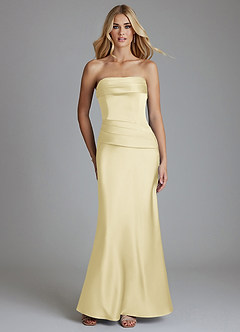 Azazie Lenya Final Sale Lemon Sorbet Sheath Pleated Stretch Satin Dress image1