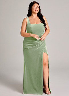 Azazie Mero Abiti da Damigella Abito Sirena in Velluto Plissettato Verde Salvia image5