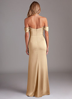 Azazie Saige Bridesmaid Dresses Champagne Sheath Off the Shoulder Stretch Satin Dress image10