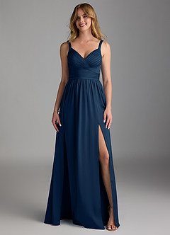 Azazie Chanel Vestidos de damas de honor Vestido de Azul Marino Oscuro de Satén Elástico de Corte en A con Plisado image5