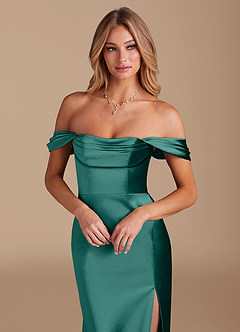 Azazie Saige Bridesmaid Dresses Pine A-Line Off the Shoulder Metallic Satin Convertible Dress image3