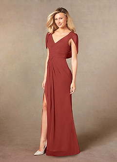 Azazie Luisa Mother of the Bride Dresses Terracotta Mermaid V-Neck Pleated Mesh Dress image3
