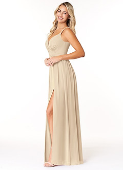 Azazie Rayna Bridesmaid Dresses Champagne A-Line V-Neck Pleated Chiffon Dress image3
