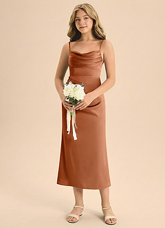 Azazie Mai Junior Copper Sheath Pleated Stretch Satin Dress image4