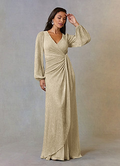Azazie Sterling Vestidos para mãe da noiva Vestido Champanhe Ouro de Malha Metálica de Linha A com Ruched image1