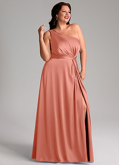 Azazie Brooke Robes de demoiselle d'honneur Robe Trapèze en Satin extensible Une épaule Rose Saumon image12